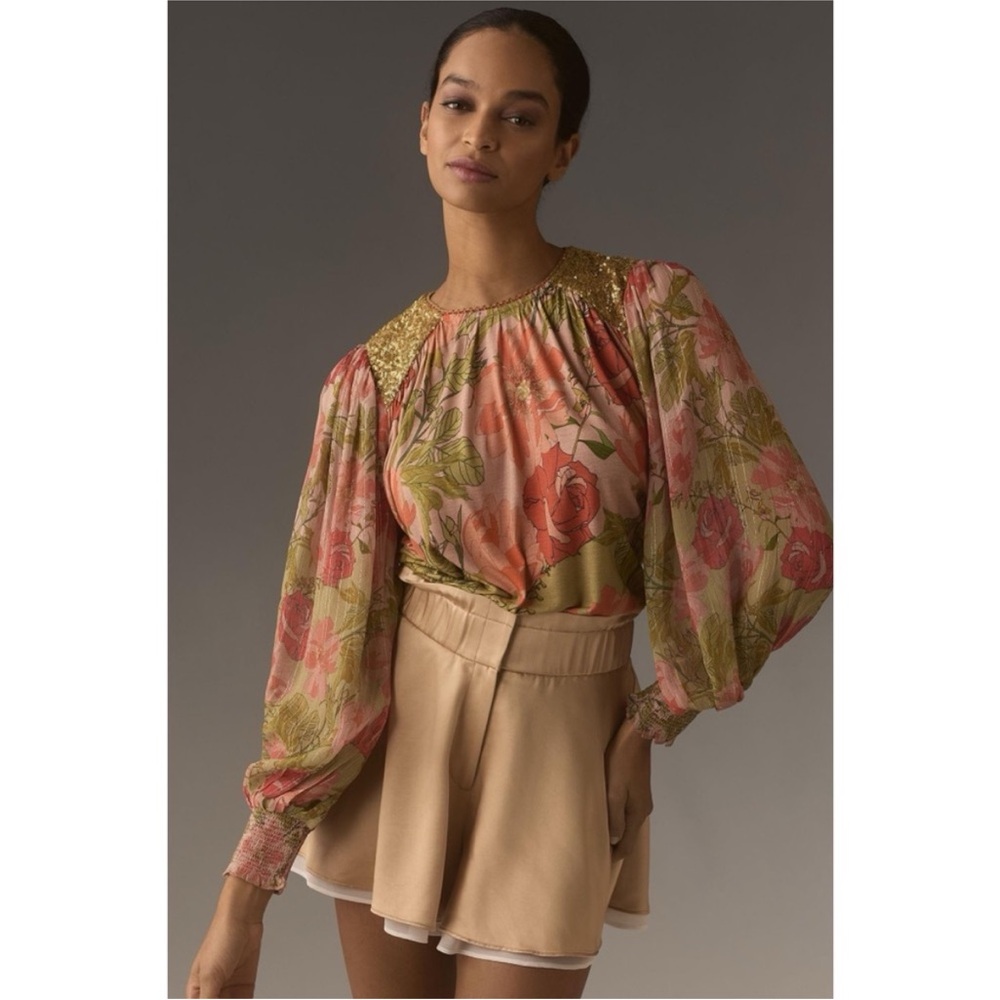 Anthropologie Bl-nk Sequin Puff Sleeve Metallic Thread Floral Top XS